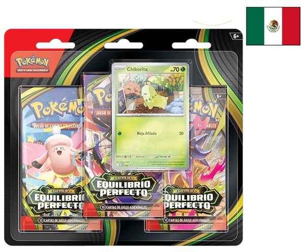 Pokemon Blister Pack <b>LATINAMERIKANSK SPANSK/LATAM SPANISH</b> - 3-Pack: 3 Mega Evolution: Perfect Order Booster Pakker + Chikorita Black Star Promo