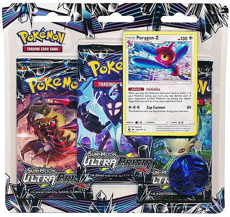 Pokemon Blister Pack - 3 Sun & Moon: Ultra Prism Booster Pakker + Porygon-Z Black Star Promo & Pokemon Mønt