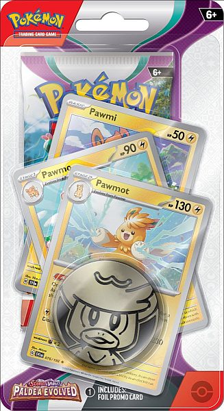 Pokemon Blister Pack - 1-Pack Premium Checklane Blister: 1 Scarlet & Violet: Paldea Evolved Booster Pakke + Pawmot Line Promos & Mønt
