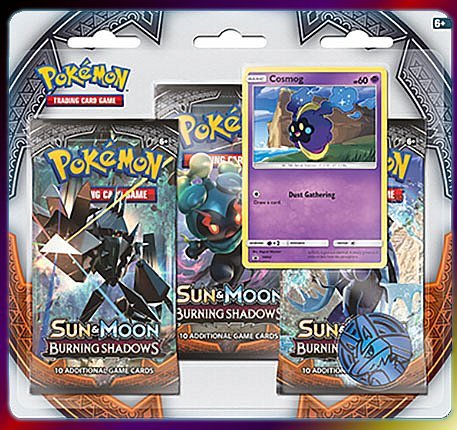 Pokemon Blister Pack - 3 Sun & Moon: Burning Shadows Booster Pakker + Cosmog Black Star Promo & Pokemon Mønt