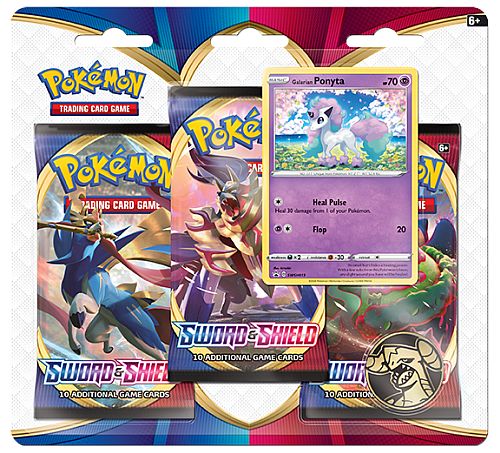 Pokemon Blister Pack - 3 Sword & Shield: Base Set Booster Pakker + Galarian Ponyta Black Star Promo & Pokemon Mønt
