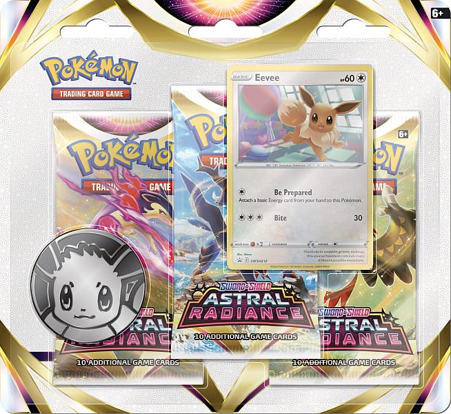 Pokemon Blister Pack - 3-Pack: 3 Sword & Shield: Astral Radiance Booster Pakker + Eevee Black Star Promo & Pokemon Mønt