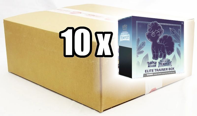 Pokemon Sword & Shield: Silver Tempest Elite Trainer Box Case - 10 x Elite Trainer Boxes (Alolan Vulpix) - Bokse med 8 Boosters & Tilbehør